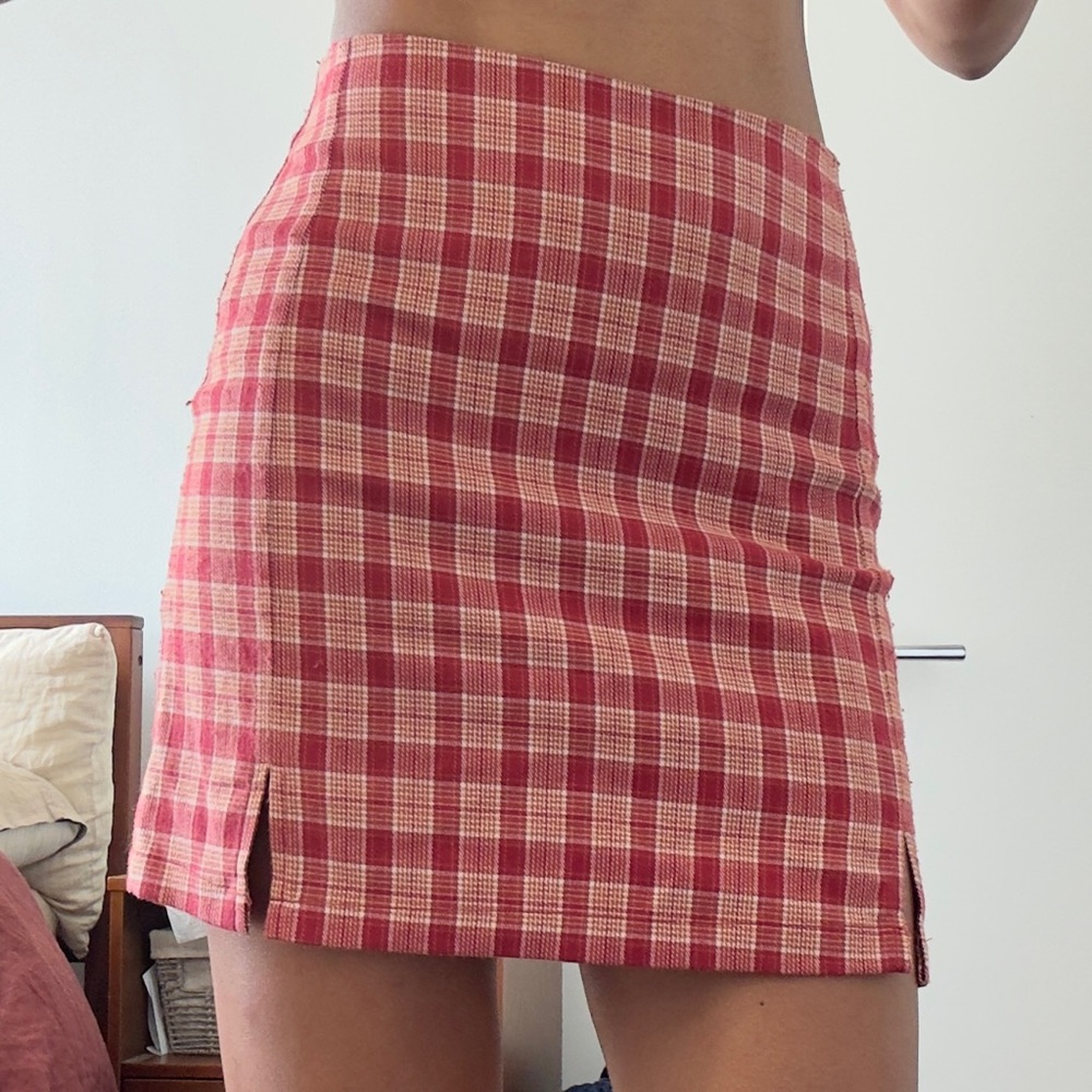 Brandy Melville Red and White Plaid Mini Skirt